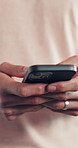Hands, phone and person typing online for social media forum, communication or networking. Mobile download, text and chat app for message, contact notification and browsing with internet search