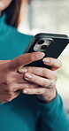 Phone, hands and typing with woman in house for social media, text message and post comment. Online chat forum, notification and communication app with person in living room of home for connection
