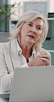 Communication, mature woman or doctor with laptop in office, medical consultation or result feedback. Healthcare, talk or specialist with computer for appointment, digital patient report or diagnosis