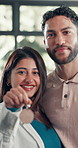 Face, keys and smile of couple hug in new home together for growth, mortgage or property relocation. Investment, love and moving house with people embracing in apartment for real estate purchase