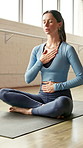 Yoga, meditation and woman in studio, heart health and balance with wellness, mindfulness and chakra. Yogi, breathing and person with stress relief, holistic healing and pilates with fitness and calm