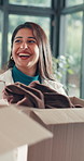 Smile, woman and man with boxes in new house for real estate, property investment and moving in. Happy, couple and laughing with cardboard package for relocation, apartment purchase and homeowner