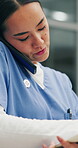 Night, phone call and nurse with notes in hospital, medical info and emergency patient preparation. Healthcare, writing instructions or woman with mobile to talk, late shift or ambulance coordination