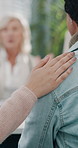 Consultation, support and doctor with patient for talking, bad news and communication in office. Healthcare, results or family of woman for sympathy, help and cancer diagnosis or back rub for comfort