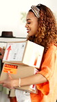 Logistics, package and entrepreneur woman with phone for ecommerce, product shipping or distribution. Check retail sale, mobile and business owner with boxes to transport, post order and supply chain