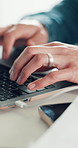 Laptop, typing and hands of person in office with research for finance report with budget planning. Technology, contact and financial advisor on computer for investment proposal with online email.