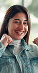 Excited, woman and cheering with fist pump for success, good news and announcement of lotto winner. Smile, female person and celebration for surprise competition, bonus achievement and promotion deal