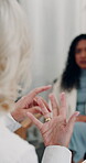 Doctor, meeting and advice with hands of woman in clinic for consulting, treatment plan or medical appointment. Healthcare checkup, discussion and diagnosis feedback with people in office for patient