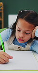 Education, homework and writing with girl student in home study for growth or learning. Development, knowledge and notebook with child pupil at desk in apartment for academics or school assessment