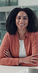 Happy, office and face of woman at desk with confidence, pride and smile for copywriting job. Professional, creative and portrait of person for about us at news agency, career growth and ambition 