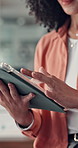 Tablet, scroll and hands of business woman in office for online feedback, research and article review. Editor, creative agency and person on digital tech for newsletter, copywriting or editing report