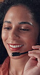 Consultant, woman and talking with headset in call center for online sales, lead generation or CRM. Telemarketing agent, happy person and speaking to client for product knowledge and contact service