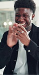 Celebration, business and black man with laptop, applause and excited with smile, copywriting or wow. Promotion, publication or African person with bonus, clapping or journalist with fist pump or pc