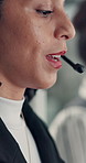 Headset, talking and businesswoman in office with customer service, crm or communication. Contact us, mic and professional female technical support consultant with tech for online query in workplace.