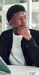 Design, tablet and thinking with business black man at desk in office for brainstorming or research. App, idea and planning with African designer in creative workplace for problem solving or review