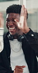 Applause, high five and success with business black man in office for reaction to good news. Achievement, celebration and congratulations with excited African employee clapping for colleague bonus