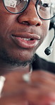 Headset, talking and black man in office with customer service, crm or communication. Contact us, mic and professional African male technical support consultant for online query in workplace.