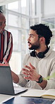 Communication, planning or people with laptop in office present ideas or collaboration for web design. Project schedule, creative director or digital designer talking for strategy, tech or explaining
