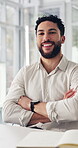 Face, smile and man in office with arms crossed, career pride and about us in news reporting. Happy, notebook and journalist in agency with confidence, press or magazine editor for publication.