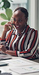 Finance, laptop and phone call with business black woman in office for feedback or update. Computer, conversation and financial charts with African employee at desk in workplace for communication