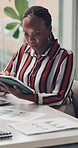 Reading, paperwork or business woman with tablet in office, planning or review budget report for strategy. Evaluate asset value, tech or analyst with finance document, check economic or company trend