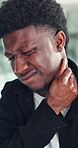 Neck pain, stress or black man in office with joint injury, ache or sore massage at work. Muscle strain, inflammation or employee in agency with tightness, bad posture or stiffness at workplace.