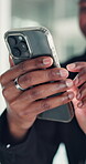 Hands, phone and typing with business man at desk in office for social media or text message. App, communication and reading with employee in professional workplace for mobile planning or research