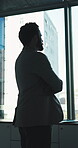Thinking, man and arms crossed at window in office for architecture, career ambition and buildings. Below, architect and property development, urban infrastructure and reflection for town expansion