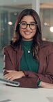 Face, business and woman with smile, glasses and laptop with investment deal, about us and pride. Professional, investor and happy person in workplace, pc and trading portfolio with confidence