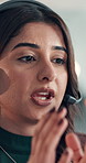 Consultant, talking and woman with headset, call center or discussion with contact for telemarketing. Customer service, representative and person with mic for communication, lead generation and sales