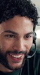 Man, speaking or telecom in call center with smile for customer service, admin assistance or HR advice. Happy, consultant and talking in office with client support, human resources help and guidance.