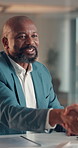 Business man, handshake and agreement with contract, partnership or financial offer. Shaking hands, smile and paperwork for investment collaboration, deal negotiation or thank you in office meeting