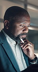 Night, tablet and thinking with designer black man in office for development, planning or research. App, pen and vision with mature employee in dark workplace to complete design project by deadline