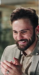 Celebration, applause or business man in office at night for employee recognition, success or target. Smile, clap and happy worker with company goal, achievement or promotion on overtime with bokeh