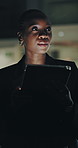Night, planning and tablet with business black woman in office for financial review or update. App, finance and thinking with happy African employee in workplace for evening accounting or report