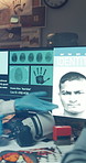 People, screen or night with victim for crime investigation, suspect or identity of serial killer. Forensic team, hands or computer display with finger print data for criminal analysis or murder case