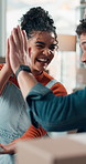 Ecommerce, tablet or entrepreneur team with high five for sales increase, logistics or supply chain success. Small business, distribution target and happy people celebrate goal, tech and dropshipping