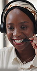 Black woman, microphone and call center conversation for communication, contact us or customer care. Female agent, headset and face with talking for advice, help desk and client support at agency