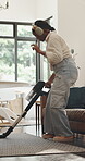 Headphones, dancing and black woman with vacuum in home, carpet maintenance or listening to music. Spring cleaning, machine and housekeeper with audio tech for radio, remove dust and dirt for hygiene