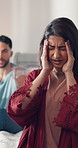 Frustrated couple, fight and argument with stress in bed for disagreement, conflict or dispute in home. Upset man, woman and ignore with headache for cheating affair, divorce or break up in bedroom