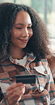 Happy woman, home and online shopping with credit card for wireless transaction or payment. Female person, shopper and paying with debit or smile for ecommerce, remote banking app or buying in house