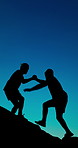 Help, hiking and silhouette of people on mountain with blue sky for adventure, journey or travel. Assistance, climbing and space with friends outdoor in nature together for exploring or trekking