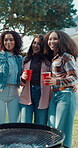 Barbecue, picture and happy with friends outdoor for celebration, social media post and lunch. Reunion, cooking and memory with group of people in backyard of home for photography, bbq and smile
