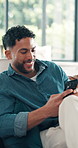 Funny meme, home and man with cellphone, typing and communication with message to contact. Happy, connection and person with smartphone, internet and digital app for texting, laughing or online humor