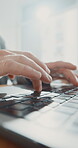 Hands, typing or business person in office with laptop, networking or schedule update for meeting. Closeup, research or consultant in agency with tech, report draft or stakeholder chat on email.