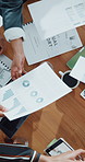 Hands, people and meeting with documents in office for accounting records of company expenditure. Above, team and paperwork for finance report, budget review and graphs for revenue of cost management