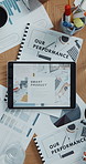 Tablet screen, documents and above for performance with finance report, budget charts or profit growth in office. Tech, portfolio and paperwork for revenue, results or progress for audit proposal