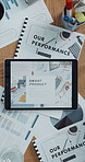 Tablet screen, documents and above for performance with budget report, finance charts or profit growth in office. Tech, portfolio and paperwork for revenue, results or progress for audit proposal