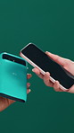 Hands, phone and pos in studio for transaction, deal or fintech app for tap on green background. People, smartphone and machine with mockup space, easy payment or financial freedom with discount sale