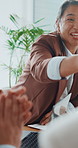 Handshake, applause and business woman with team for acquisition, financial partnership or deal. Excited group, clapping and shaking hands for investment, merger success and celebration in office